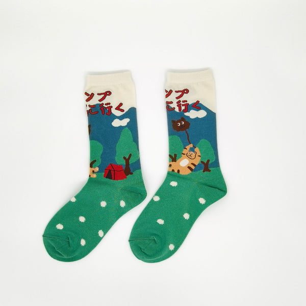 Japanese Style Camping Cat Green Socks - Made With Cotton For Softness And Comfort - Company U - #tag1# - #tag2# - #tag3#