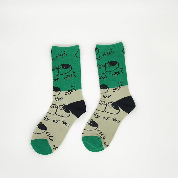 Japanese Style Cat Illustration Green Socks - Company U - #tag1# - #tag2# - #tag3#